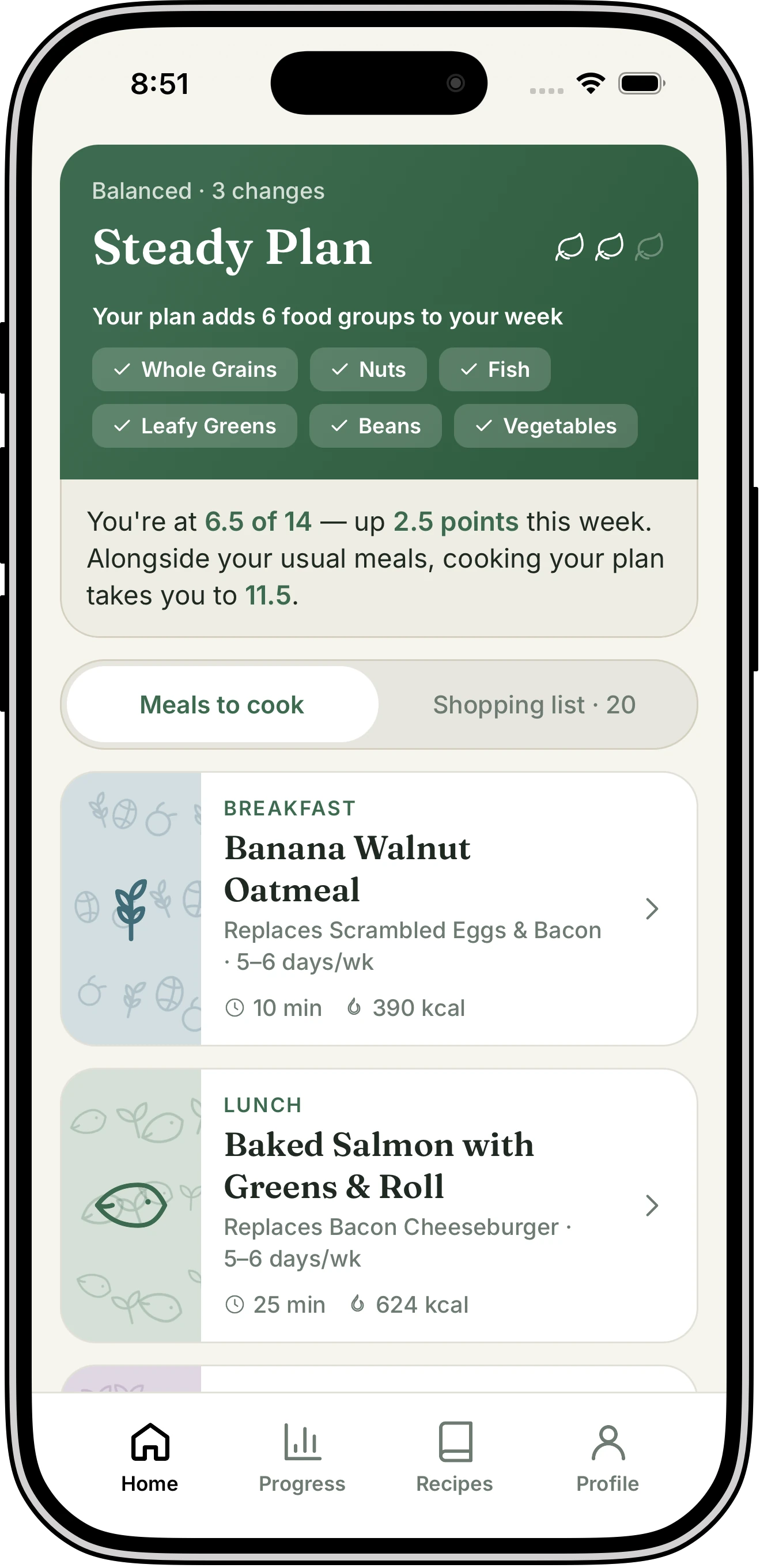 Vittelio’s home tab showing a personal plan, score summary, and meals to cook — all computed on the device