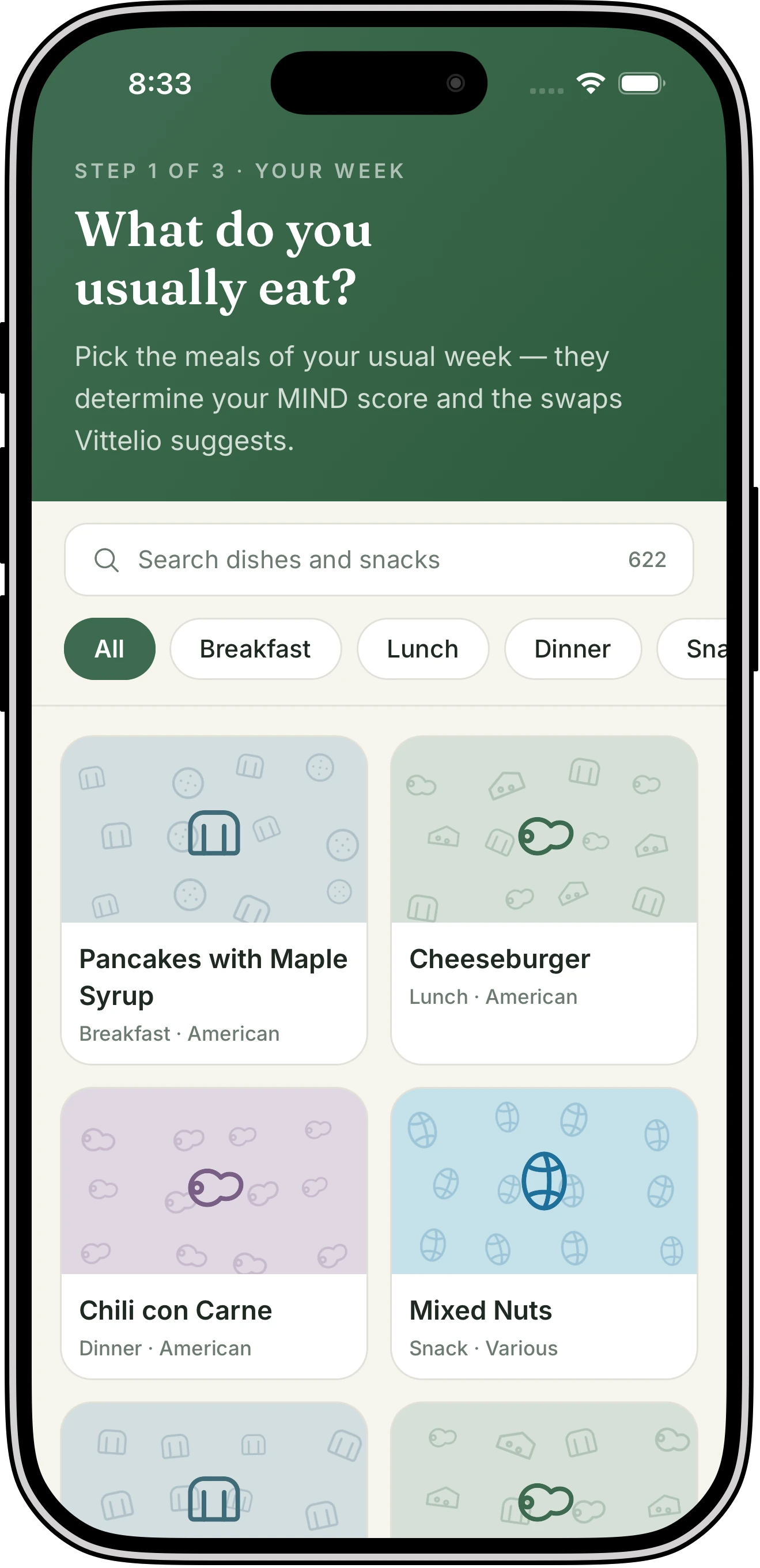 Vittelio's assessment screen asking “What do you usually eat?”, with a search field over more than 600 dishes and tabs for breakfast, lunch, dinner, and snacks