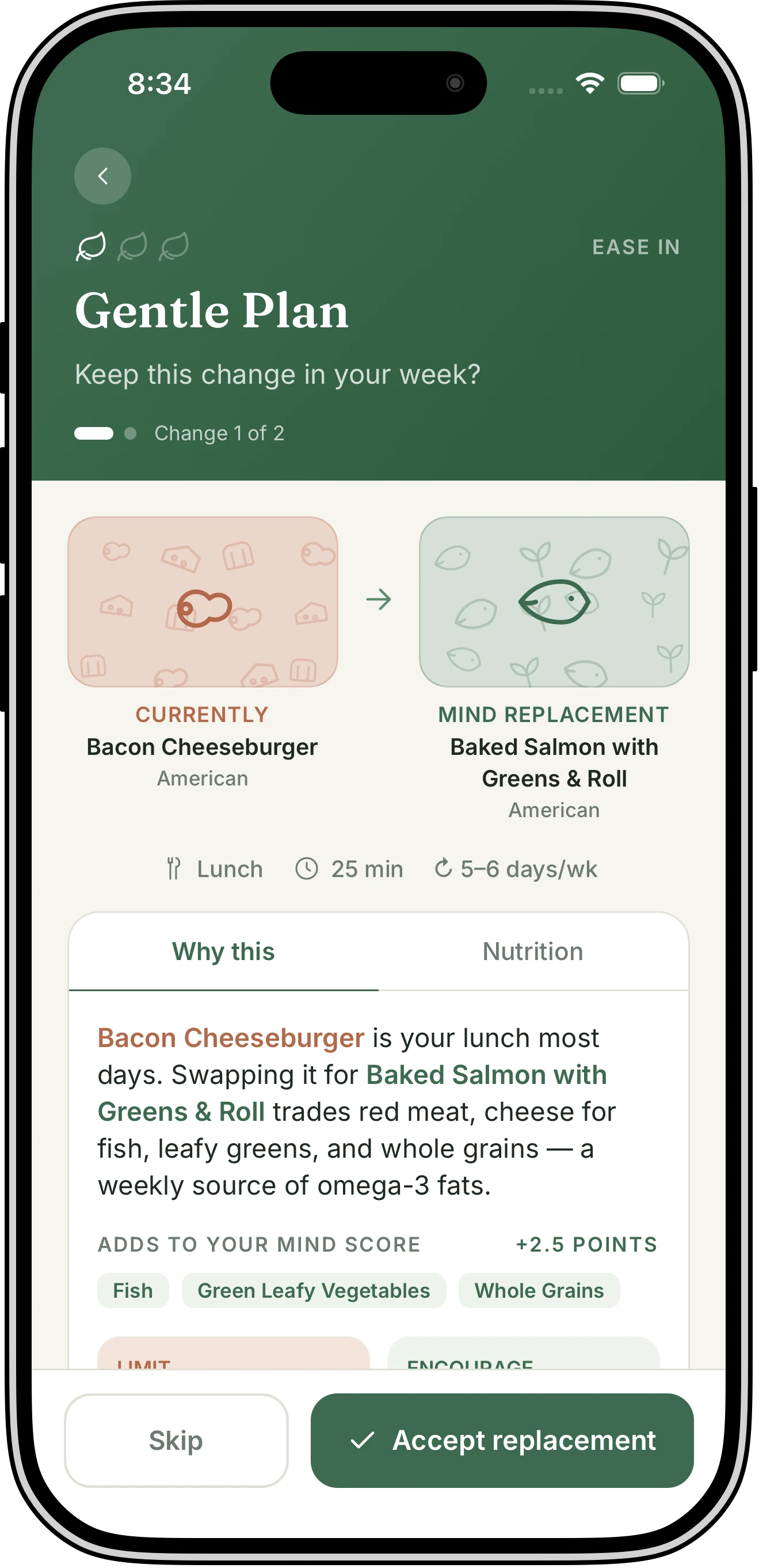 A Vittelio replacement card proposing to swap a bacon cheeseburger lunch for baked salmon with greens and roll, explaining that it adds 2.5 points from fish, leafy greens, and whole grains