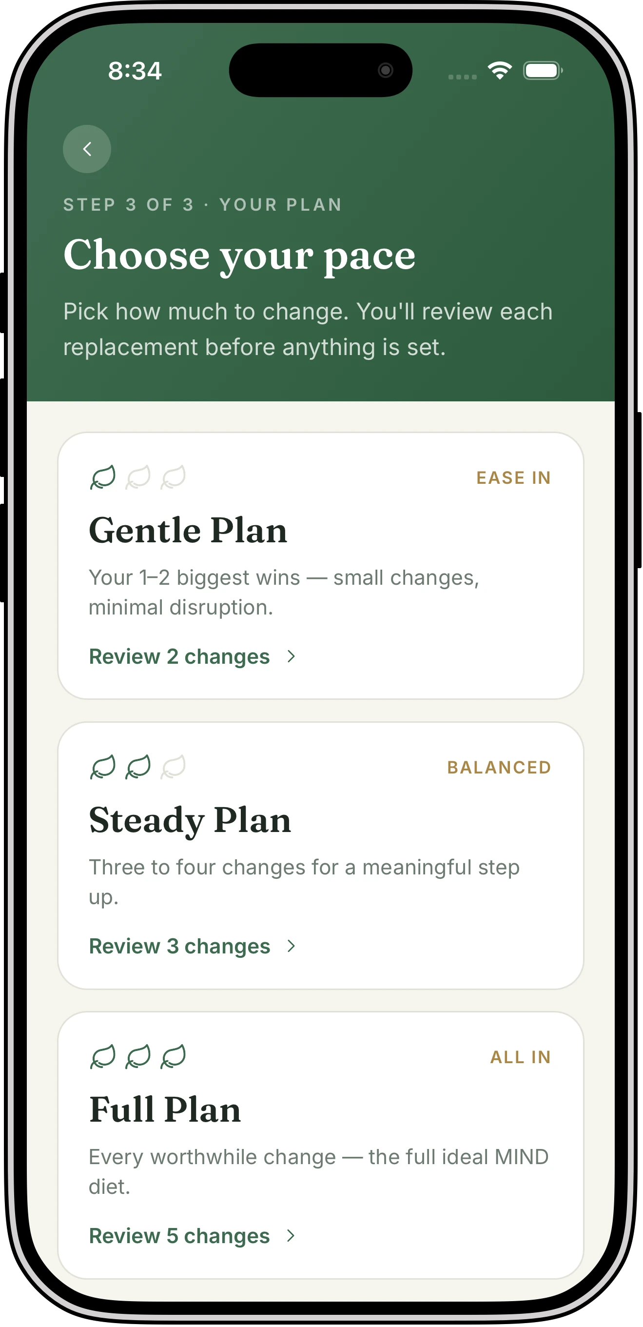 Vittelio's pace screen with three cards — Gentle Plan with 2 changes, Steady Plan with 3, and Full Plan with 5 — each showing how many changes there are to review