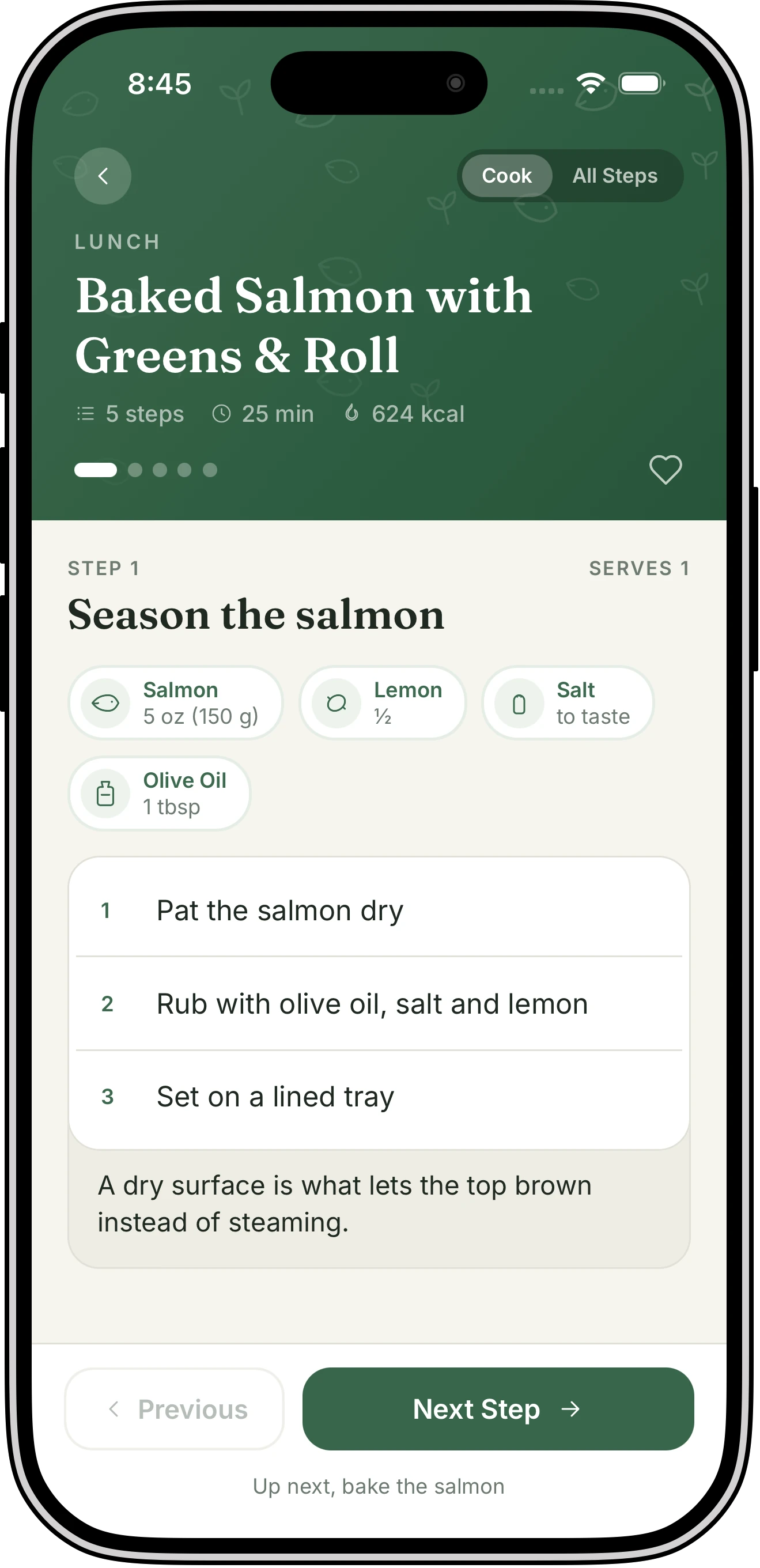Vittelio’s cook view for baked salmon with greens and roll: step 1 of 5, “Season the salmon”, with ingredient chips for salmon, lemon, salt, and olive oil and three numbered sub-steps