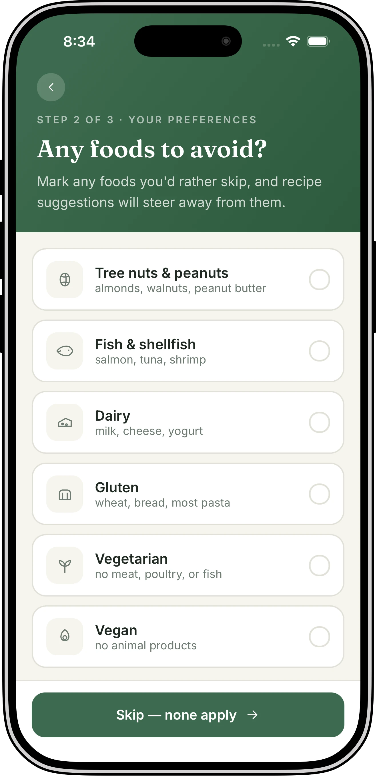 Vittelio’s preferences screen, “Any foods to avoid?”, with toggles for tree nuts and peanuts, fish and shellfish, dairy, gluten, vegetarian, and vegan