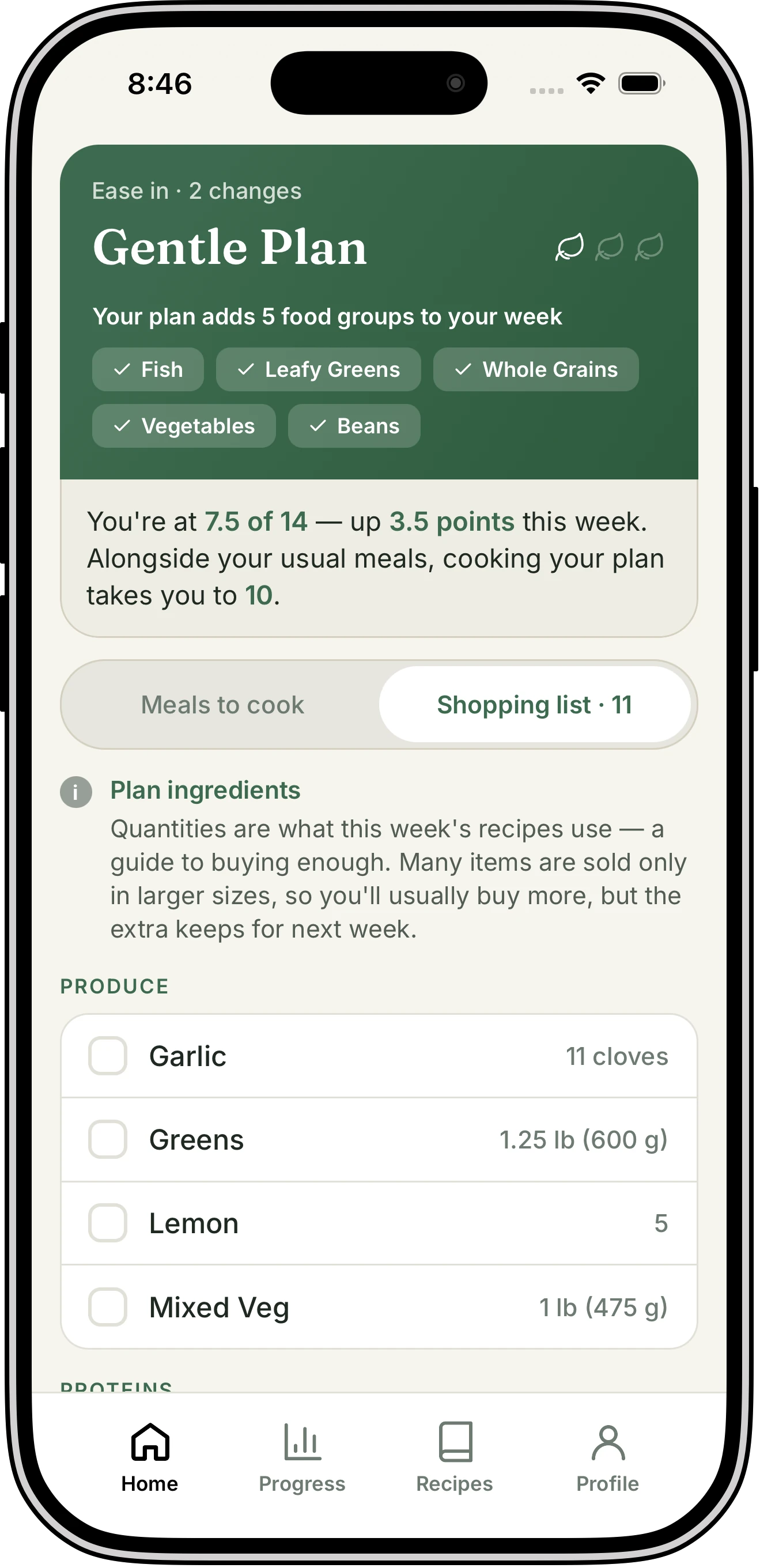 Vittelio’s shopping list showing a produce aisle with checkable rows — garlic, greens 1.25 lb (600 g), lemon, mixed veg — beneath a Gentle Plan summary