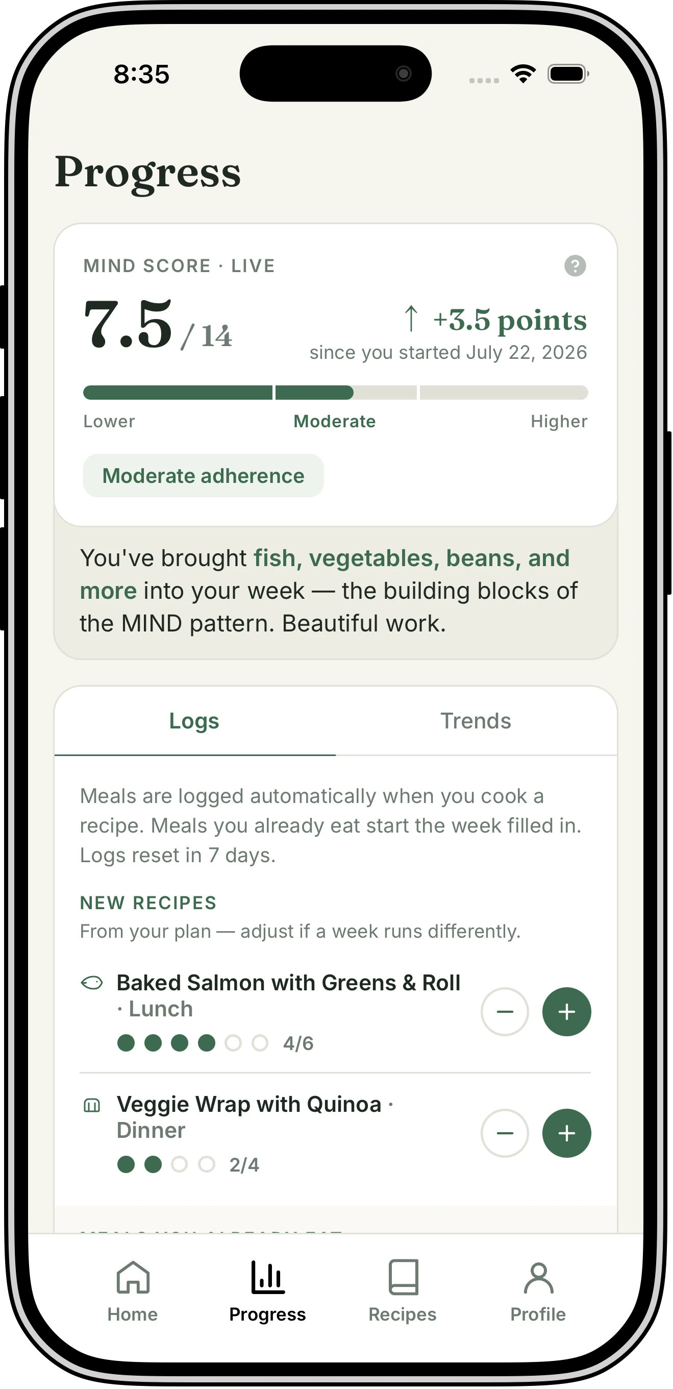 Vittelio’s Progress tab showing a live MIND score of 7.5 out of 14, up 3.5 points since starting, with automatically logged meals below